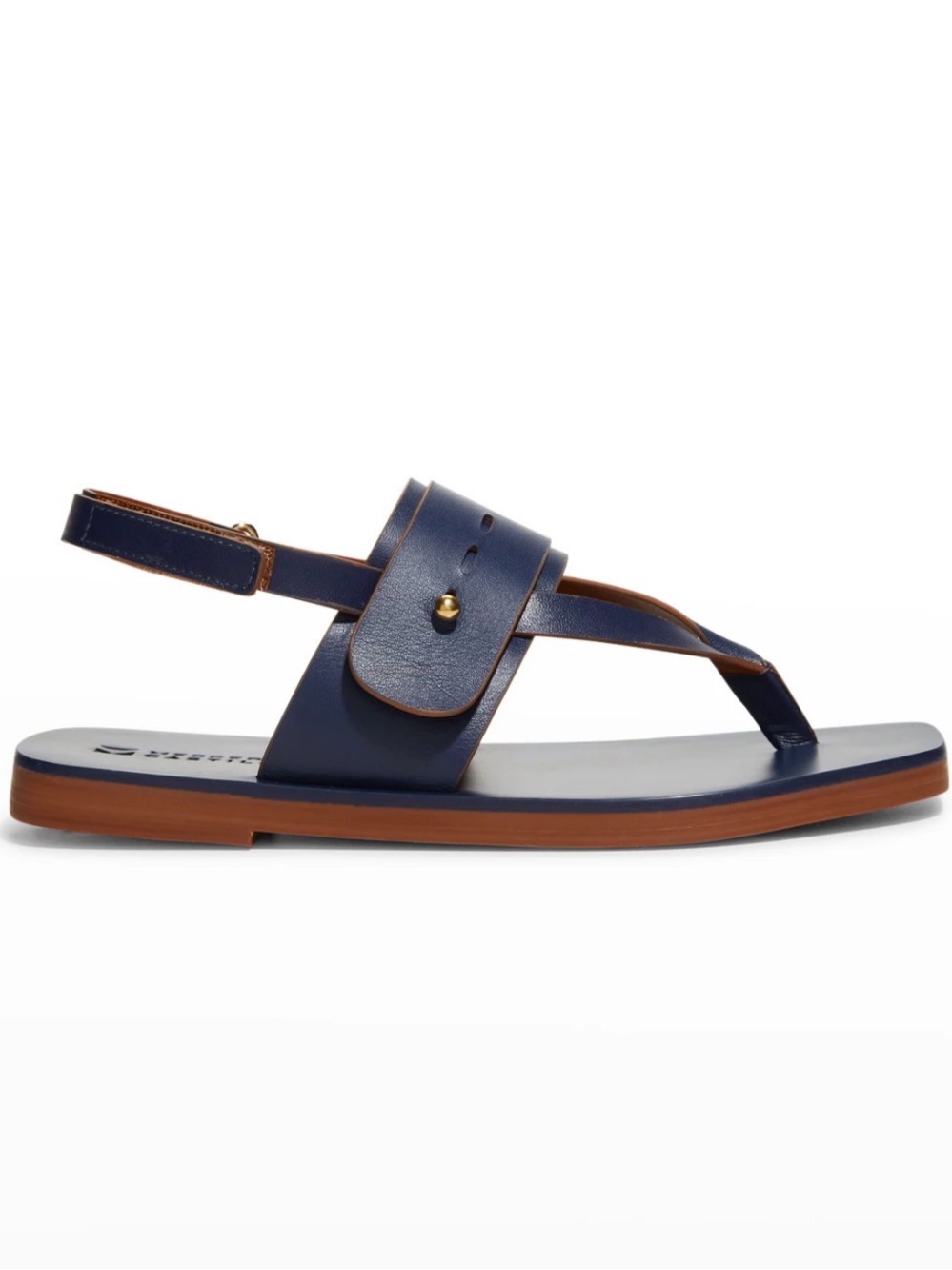 Mercedes Castillo Adria thong slingback sandal Navy leather with gold-tone stud